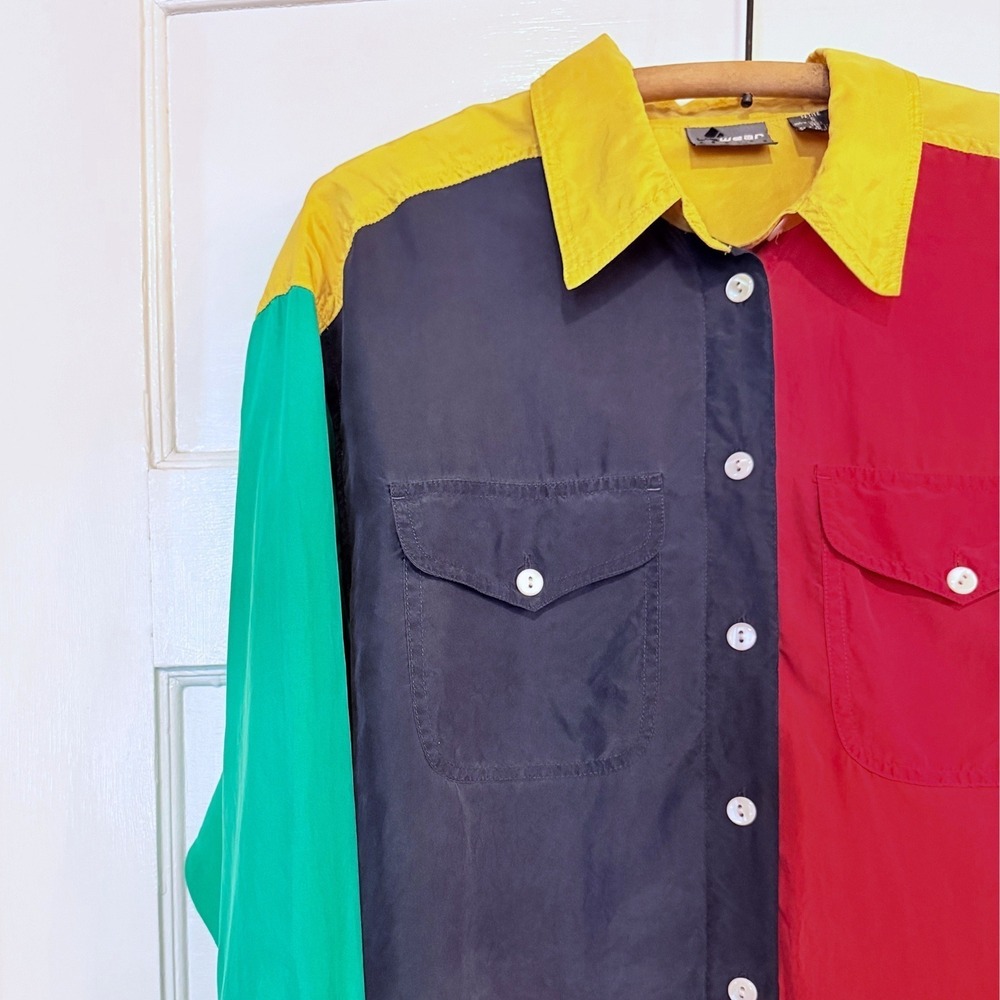 VTG Vintage Lizwear Liz Claiborne Silk Colorblock Shirt Petite S Y2K 90s - Picture 3 of 8